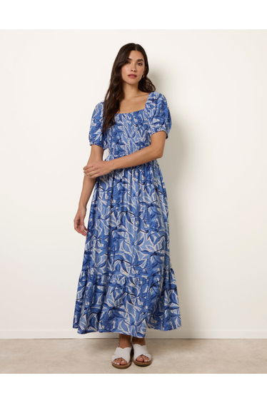 Large Floral Printed Square Neck Puff Sleeve Dress
