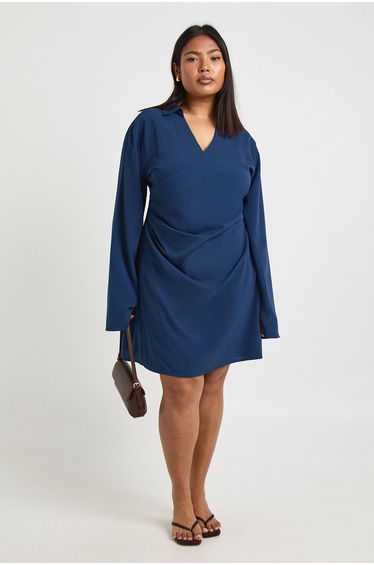 Plus Woven Wrap Drape Detail Mini Dress - navy
