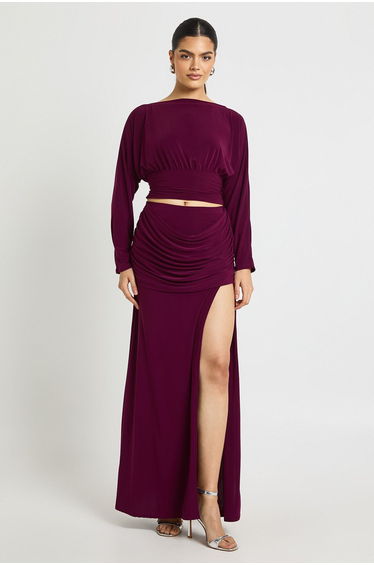 Slinky Drape Front Detail Maxi Skirt - plum