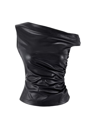 Black Asymmetric Neckline Sleeveless Knitted Faux Leather Party Blouse