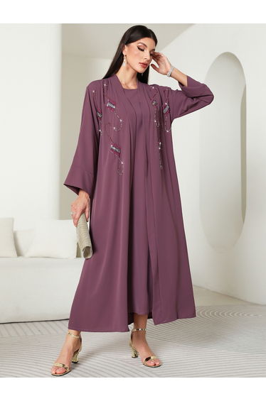 Women Purple Rhinestone Embellished Abaya with Inner Dress Set