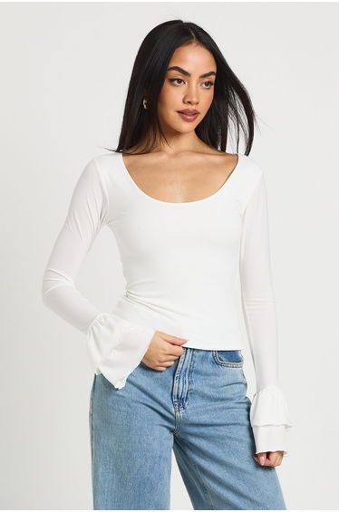 Slinky Scoop Neck Long Bell Sleeve Top - ivory