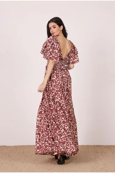 فستان ماكسي قطن بطبعة لون أحمر