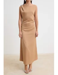 Light Brown Plain Woven Satin Maxi Unlined Dress - 2