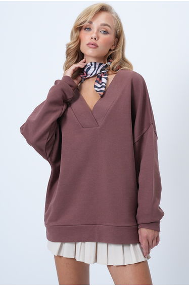 Women's Brown V-Neck Double-Breasted Oversize Sweatshirt