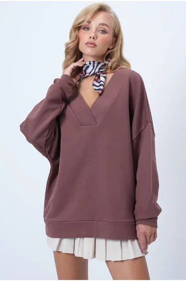 Women's Brown V-Neck Double-Breasted Oversize Sweatshirt