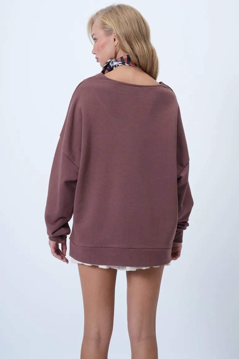 Women's Brown V-Neck Double-Breasted Oversize Sweatshirt - 4