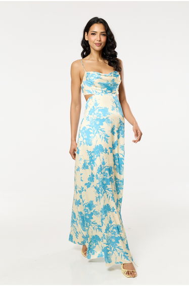 Blue Floral Cut Out Maxi Dress