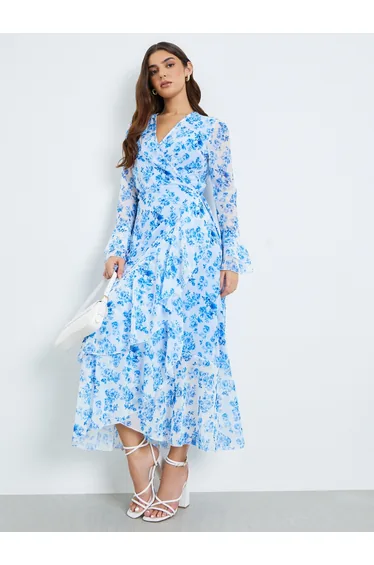 Women Blue Floral Print Chiffon Maxi Dress
