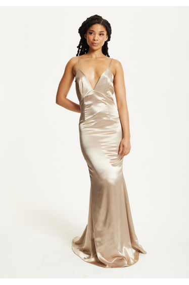 Gold Satin Plunge Maxi Dress