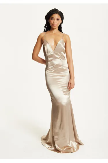فستان ماكسي ساتان بياقة عميقة - ذهبي