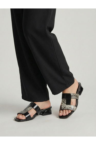 Women Black Snake Skin Print Block Heel Sandals