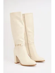 Kathrine Faux Leather Metal Trim High Block Heel High Leg Boots