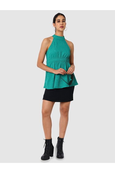 Women Green Halter Neck Textured Top