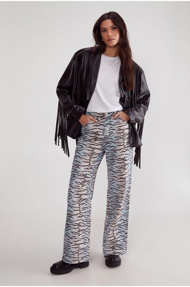 AM Tiger Print Denim Wide Leg Jean