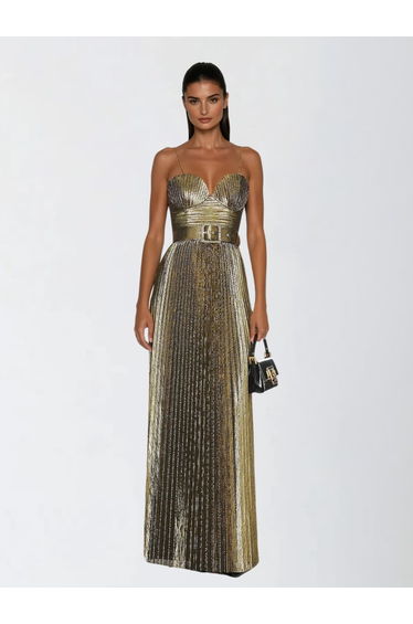 Jetgraph Spaghetti Pleated Metallic Maxi Dress
