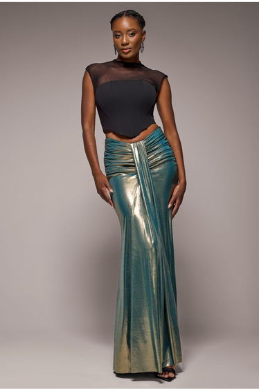 Gathered Front Dipped Waist Foil Maxi Skirt - Gold by Goddiva