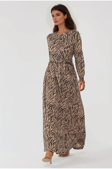 Printed Crew Neck Maxi Dress with Belt