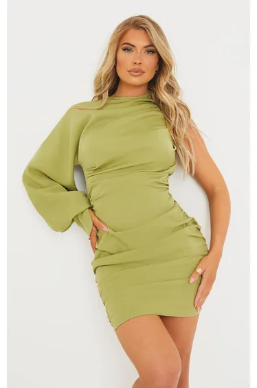 Sage Green One Sleeve Ruched Woven Bodycon Dress