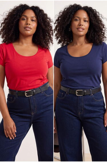 Red-Navy Blue 2-Pack Soft Basic Knitted Plus Size Blouse