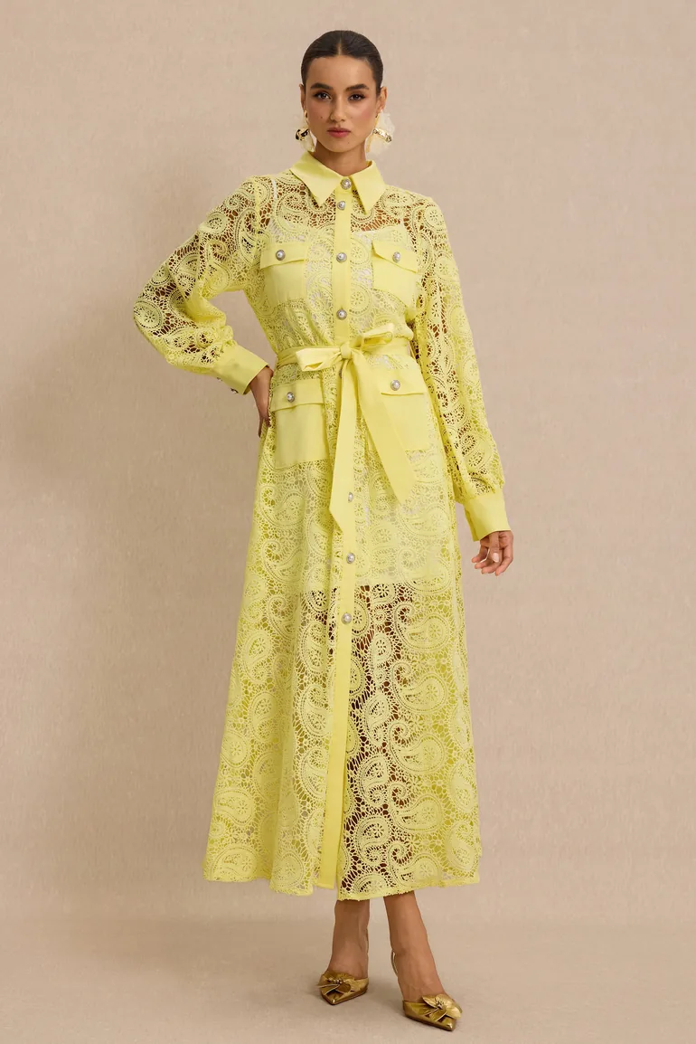 Lace Single Breasted Midi Dress With Belt