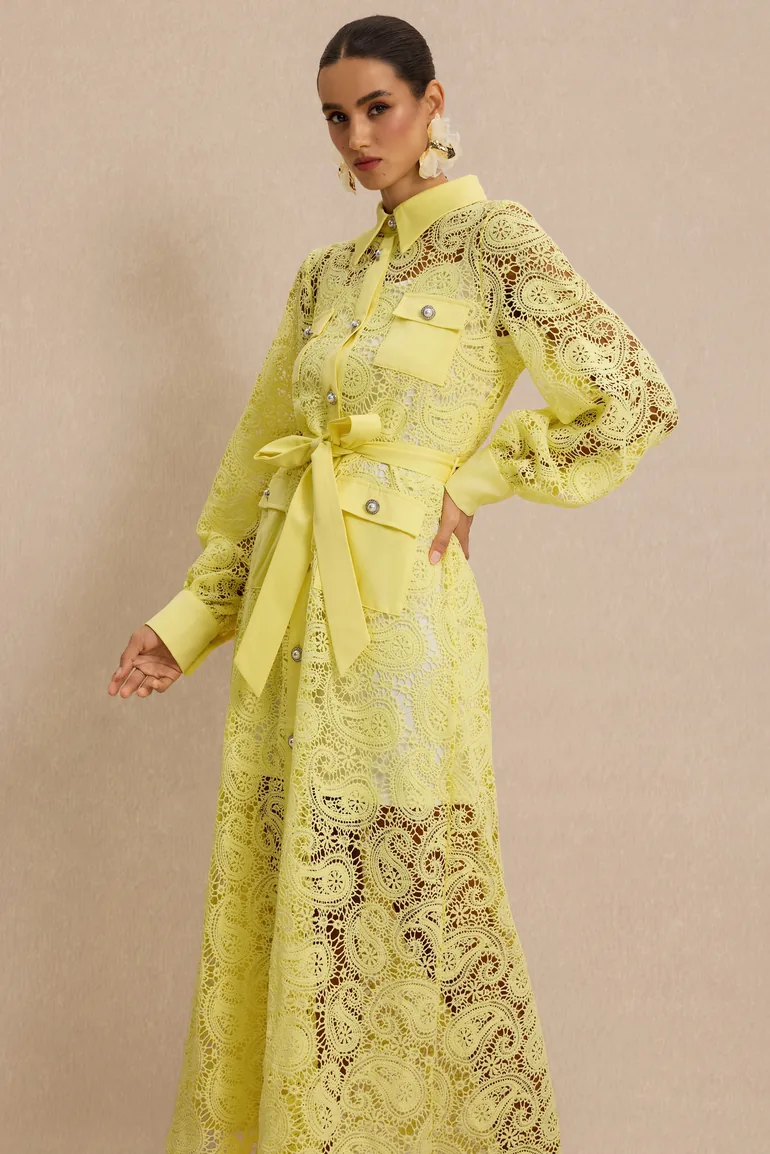 Lace Single Breasted Midi Dress With Belt - 3