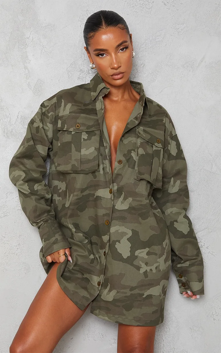 Shop Multi Camo Cargo Pocket Detail Oversized Shirt Dress Online in Oman Shop Multi Camo Cargo Pocket Detail Oversized Shirt Dress Online in Oman