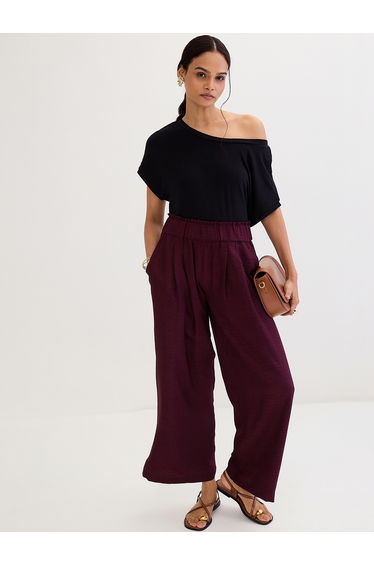 Burgundy Wide Leg Pleat Detail Pants