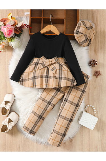 Girls Contrast Print Bow Detail Top with Pants Set