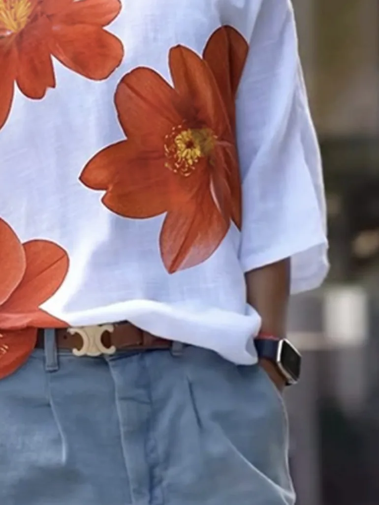 Long Sleeves Loose Flower Print One-Shoulder T-Shirts Tops - 2