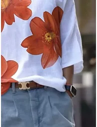 Long Sleeves Loose Flower Print One-Shoulder T-Shirts Tops - 2