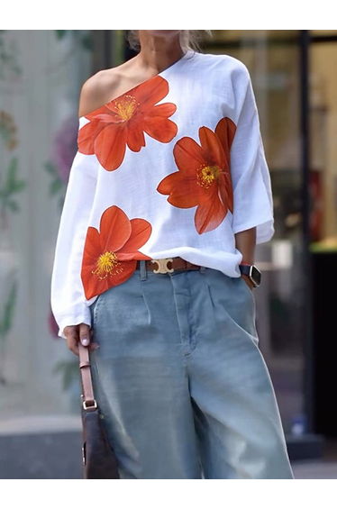 Long Sleeves Loose Flower Print One-Shoulder T-Shirts Tops