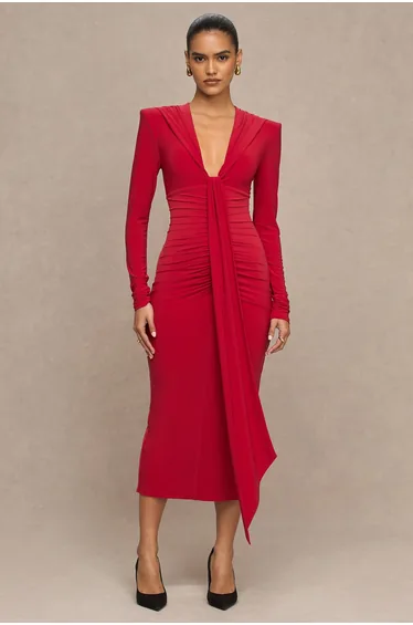 فستان مزموم بحزام طويل بياقة عميقة - أحمر