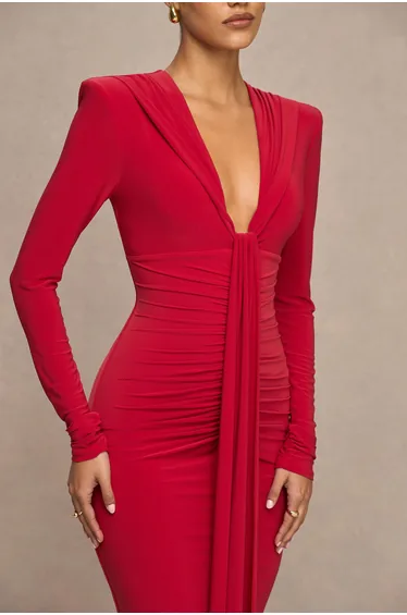 فستان مزموم بحزام طويل بياقة عميقة - أحمر