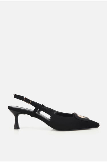 Women's Black Pointed Toe Gold Detailed Open Back Short Heeled Shoes