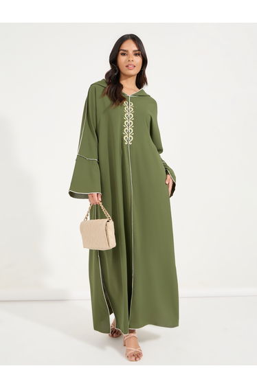 Embroidered Cotton Mix Hooded Kaftan Maxi Dress