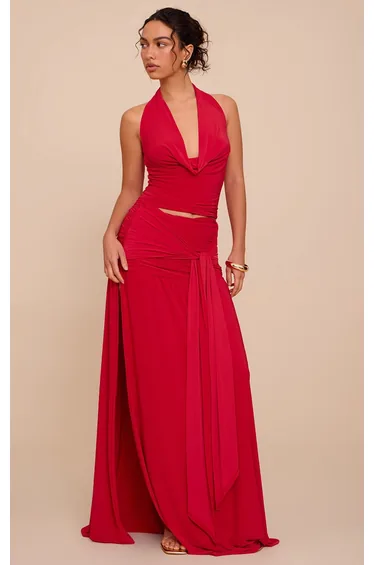 Tomato Red Double Layer Slinky Knot Drape Maxi Skirt