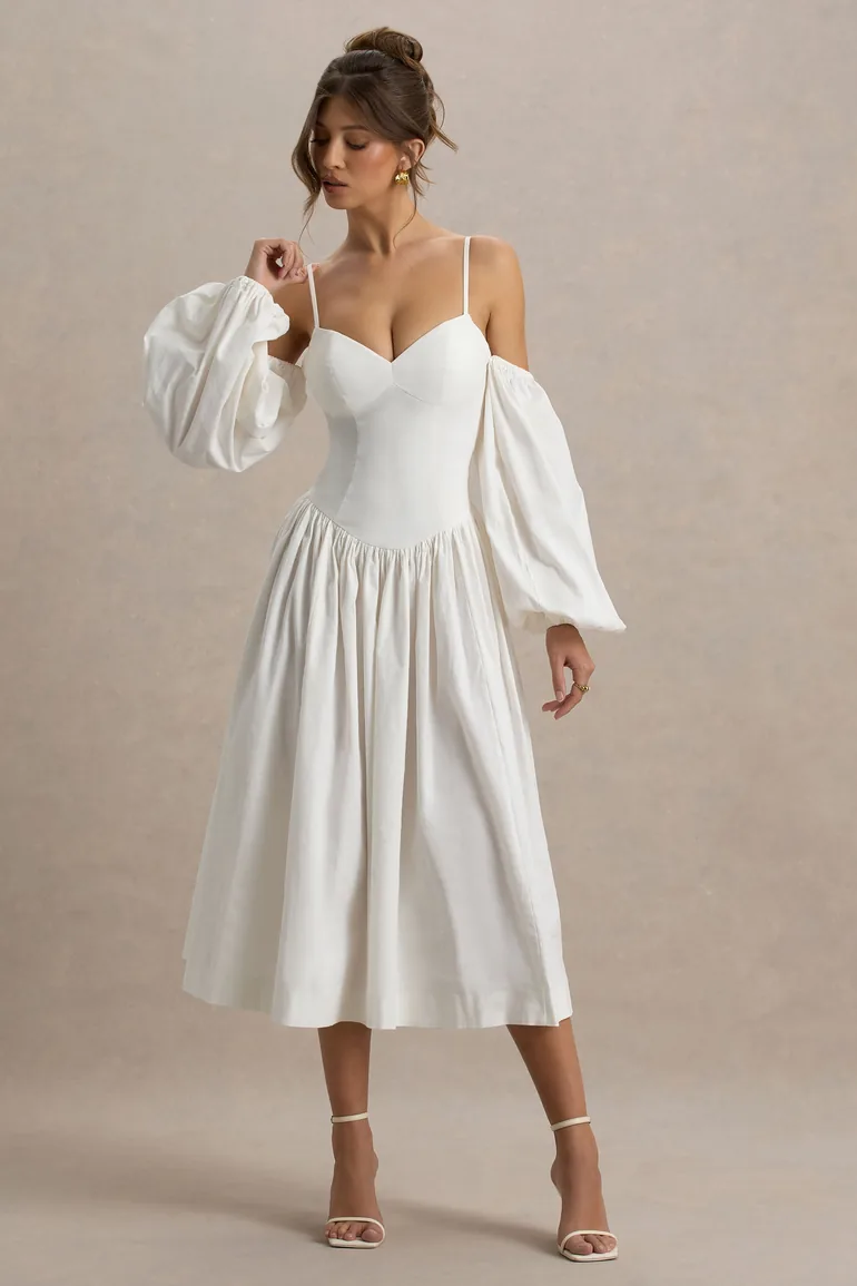 Macie | Cream Sweetheart Dress With Balloon Sleeves - 2