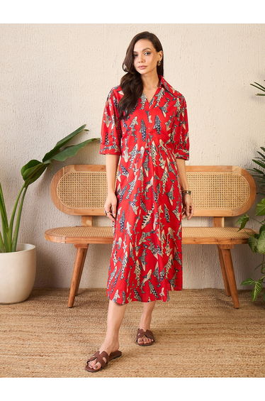 Red Front Pleated Cotton Midi Dress