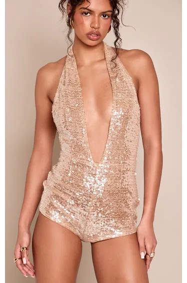 Gold Sequin Plunge Unitard