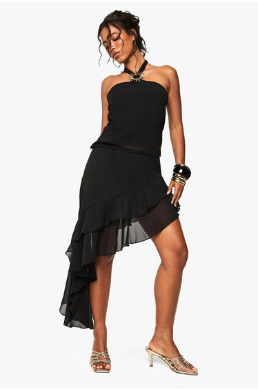 Ruffle Chiffon Asymmetric Skirt - black