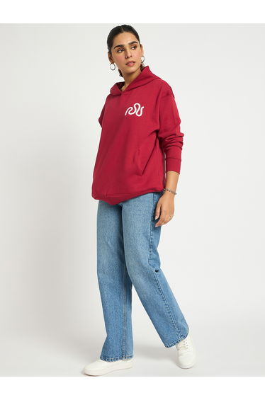Red Oversized Fleece Graphic Hoodie