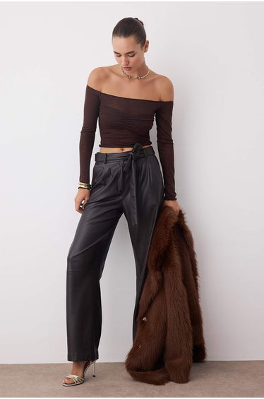 Brown Plain Carmen Collar Long Knitted Foam Fabric Party Top