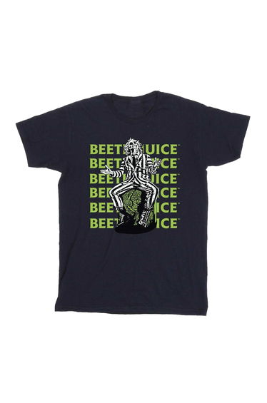 Beetlejuice Girls Pose Cotton Repeat Logo T-Shirt - Navy Blue