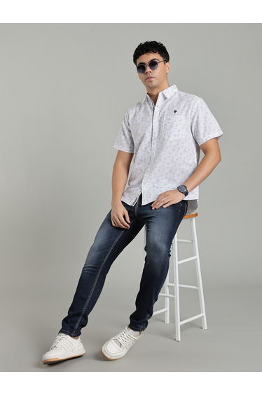 Men White Leaf Print Linen Cotton Shirt