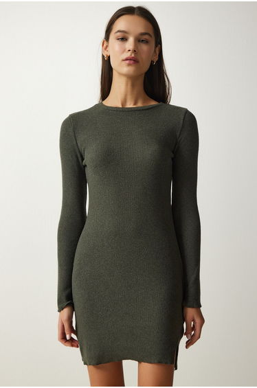 Women's Khaki Mini Slit Corduroy Knitted Dress