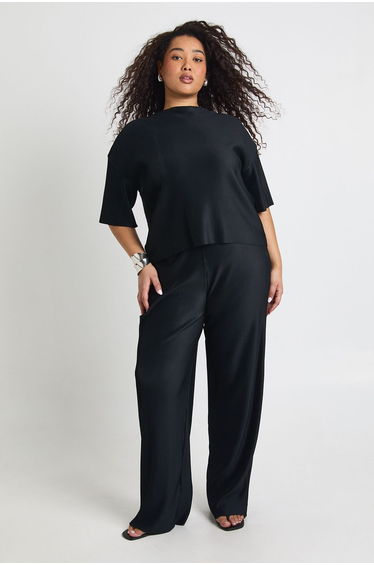 Plus Boxy Plisse Top And Wide Leg Trouser Co Ord - black