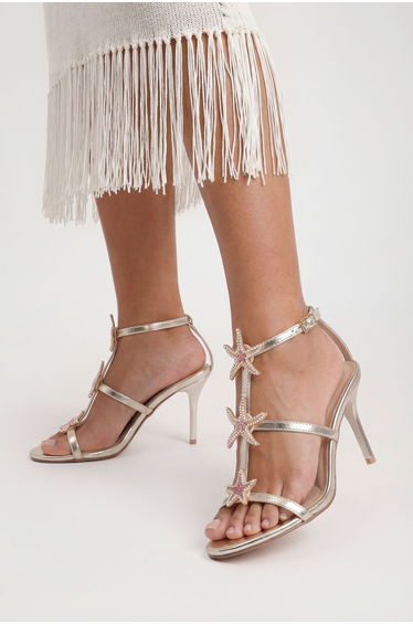 Embellished Triple Starfish Trim Strappy Heels - gold