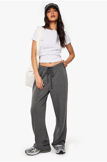 Rib Popper Neckline Crew Neck Top - ash grey