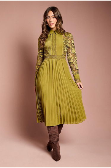 Long Sleeve Lace and Pleated Midi Shirt Dress
